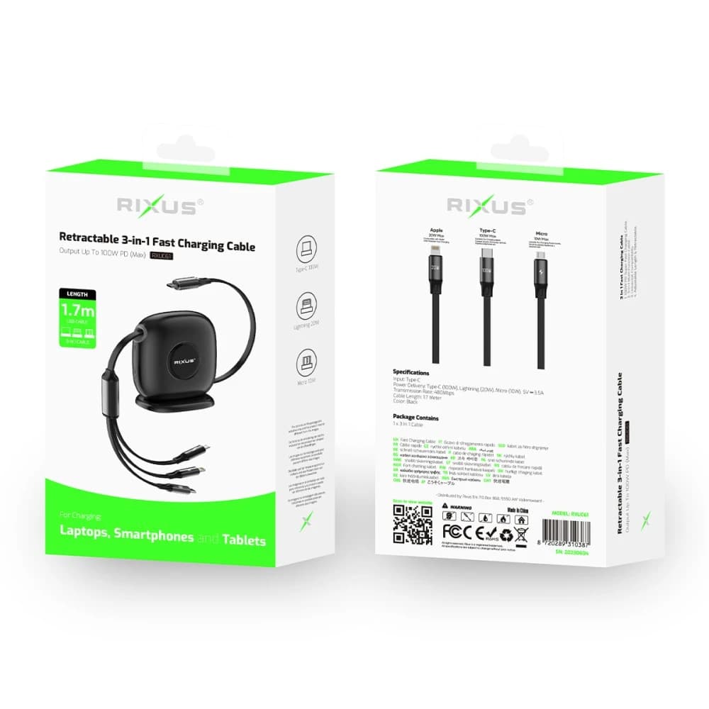 Retractable 3 in 1 Cable Desktop USB-C Fast Charger 1.7m 100W Black