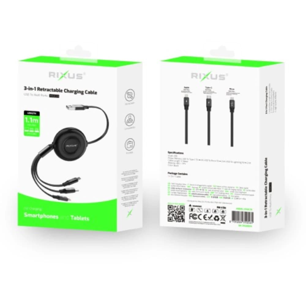 Multi Charging 3 In 1 Retractable Fast Charger Cable Black