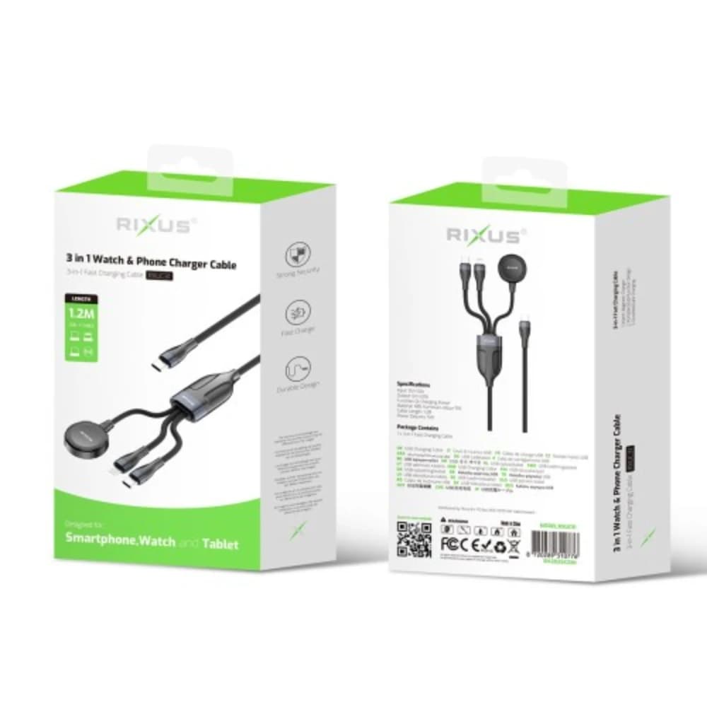 3 in 1 Watch And Phone Charger Cable 1.2m Black